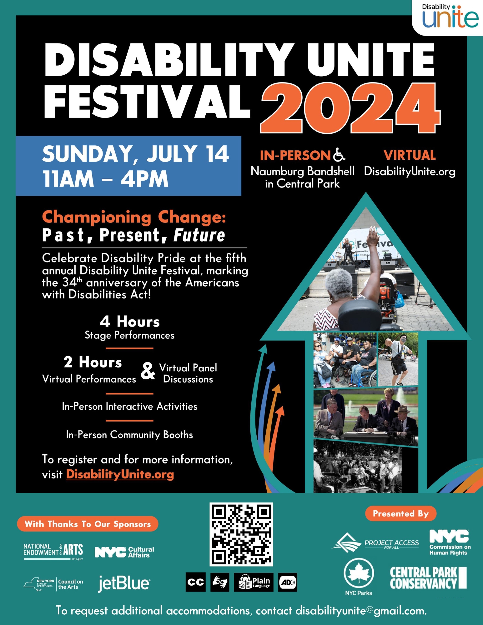 The Disability Unite Festival flyer with white and orange text over a black background, and a green border that surrounds the image. Text reads “Disability Unite Festival 2024 Sunday, July 14 11 A M to 4 P M. In-person Naumburg Bandshell in Central Park. Virtual DisabilityUnite.Org. Championing Change: Past, present, Future. Celebrate Disability Pride at the fifth annual Disability Unite Festival, marking the 34th anniversary of the American’s with Disabilities Act! 4 Hours Stage Performances, 2 hours Virtu